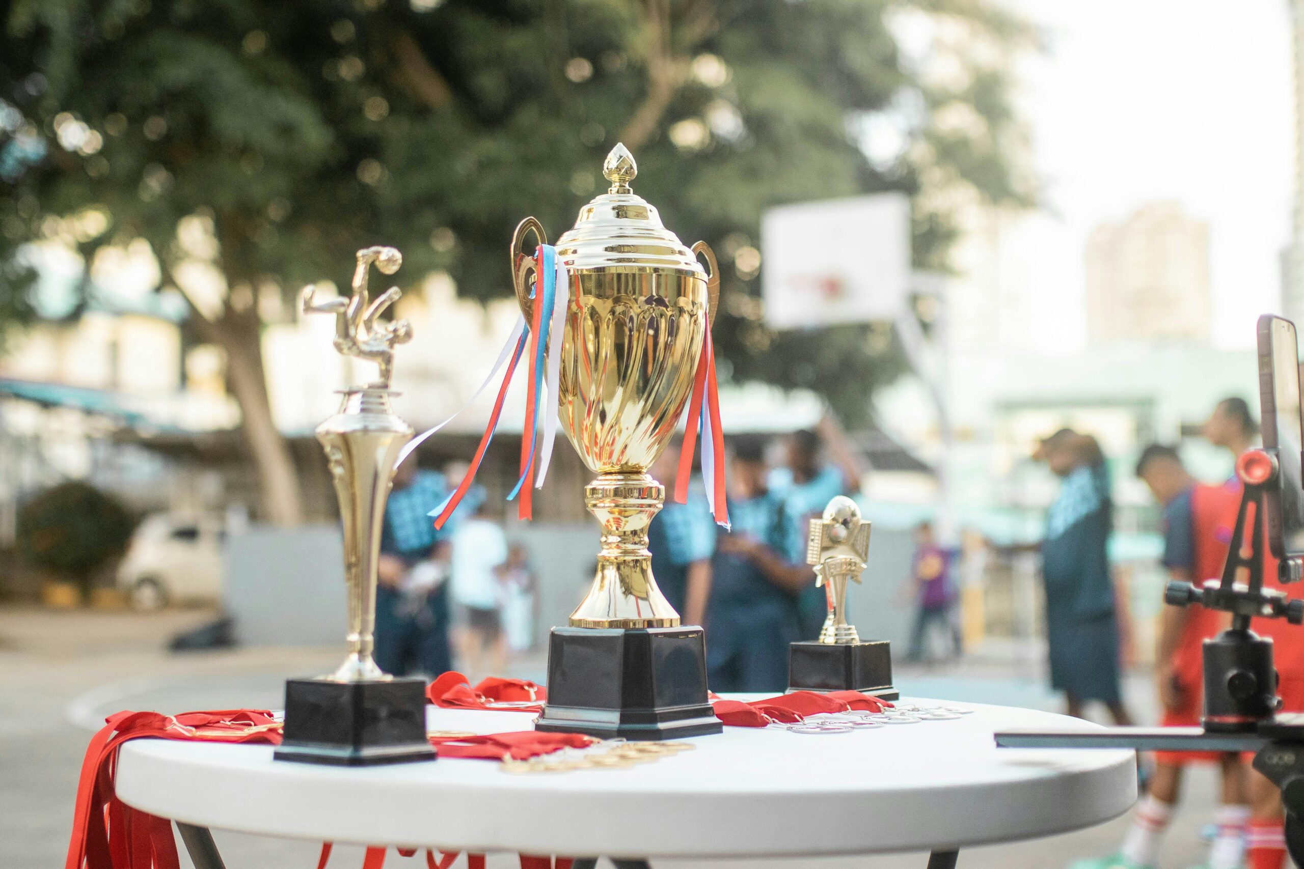 Diferentes tipos de premios deportivos: copa, trofeo y medalla